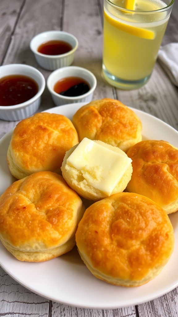 Golden brown 7-Up biscuits on a plate with melting butter and a bowl of jam.
